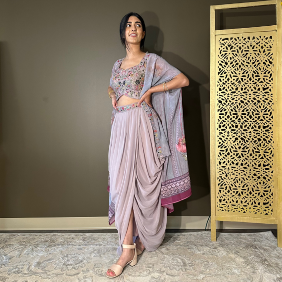 Cape Indo-western Fusion Dhoti-style Outfit - Lavender mirror handwork on blouse