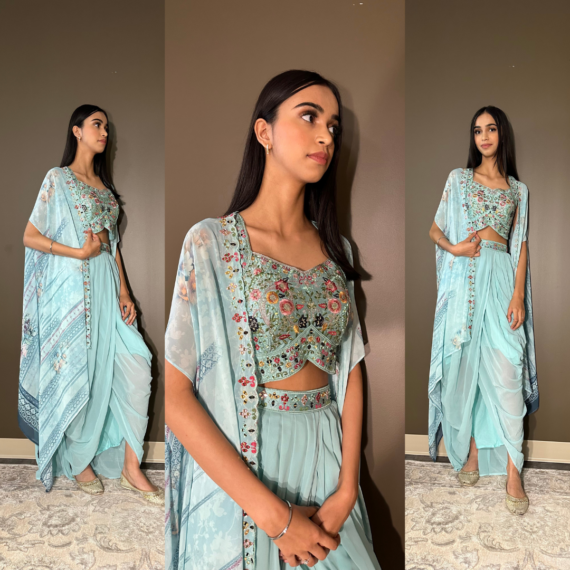 Cape Indo-western Fusion Dhoti-style Outfit - Sky Blue mirror handwork on blouse