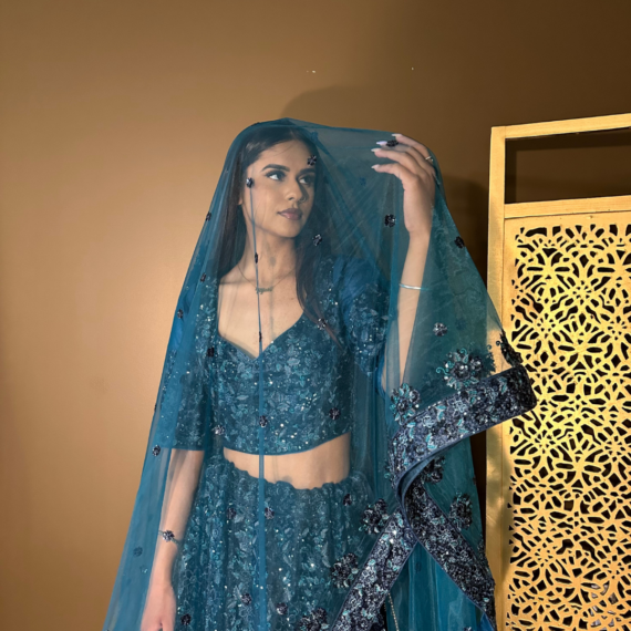 Teal All-over Embroidered Heavy Wedding-Reception Lehenga in Sequins with Big Latkans