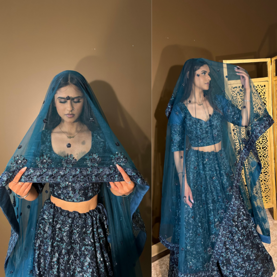 Teal All-over Embroidered Heavy Wedding-Reception Lehenga in Sequins with Big Latkans