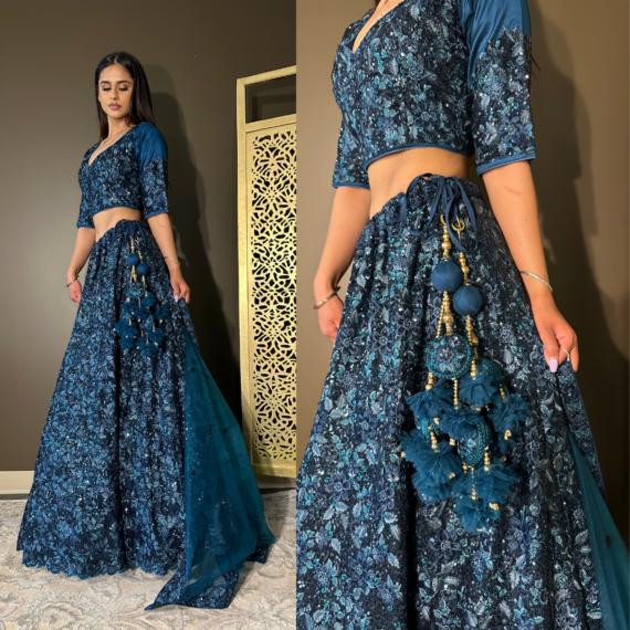 Teal All-over Embroidered Heavy Wedding-Reception Lehenga in Sequins with Big Latkans