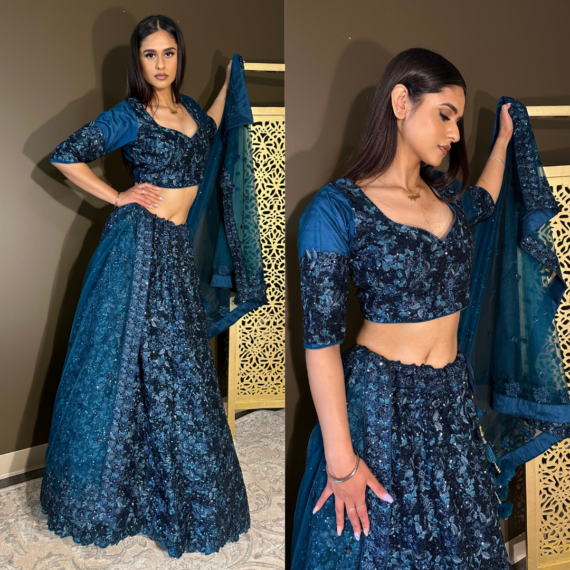 Teal All-over Embroidered Heavy Wedding-Reception Lehenga in Sequins with Big Latkans