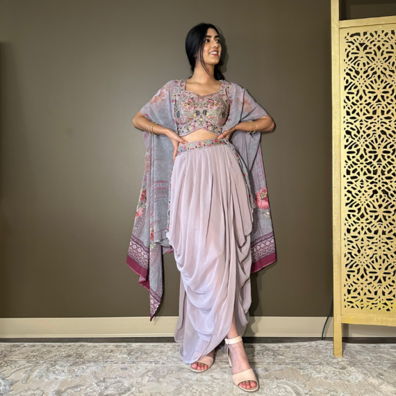 Cape Indo-western Fusion Dhoti-style Outfit - Lavender mirror handwork on blouse