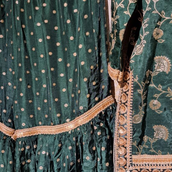 Green Floral Designer Fancy Wedding Party-wear Silk Sharara Salwar Suit With Dupatta