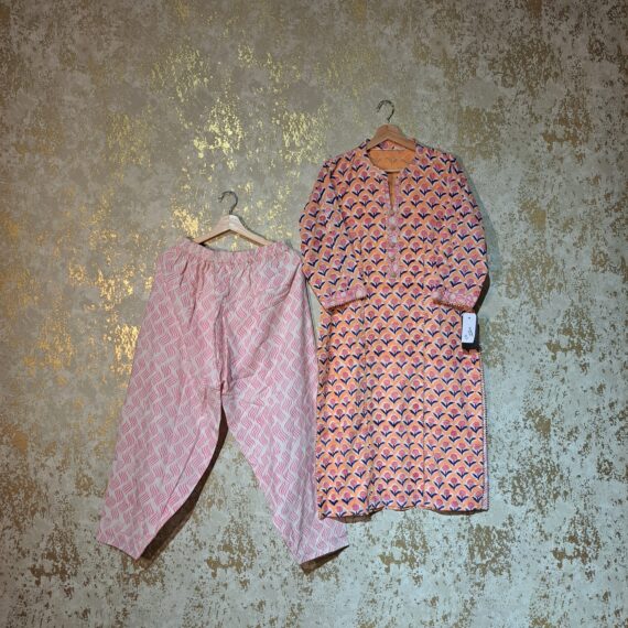 Designer Peach Pink Floral Block Printed Pure Cotton Casual Salwar Suit with Dupatta Dresses
