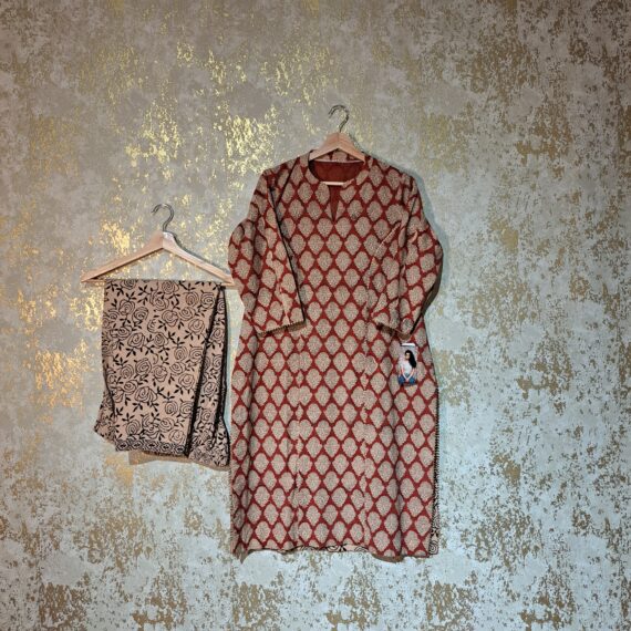 Designer Maroon Beige Floral Block Printed Pure Cotton Casual Trouser Suit with Dupatta Dresses