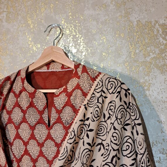 Designer Maroon Beige Floral Block Printed Pure Cotton Casual Trouser Suit with Dupatta Dresses