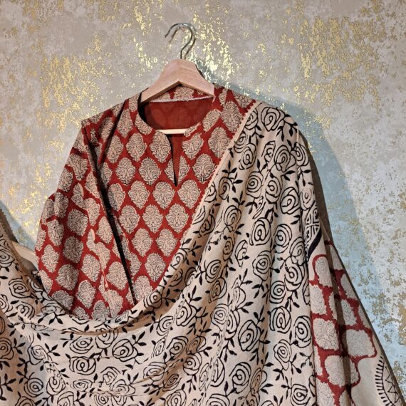 Designer Maroon Beige Floral Block Printed Pure Cotton Casual Trouser Suit with Dupatta Dresses