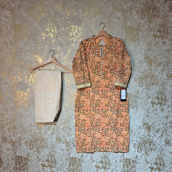 Designer Peach Floral Block Printed Pure Cotton Casual Punjabi Salwar Suit with Dupatta Dresses