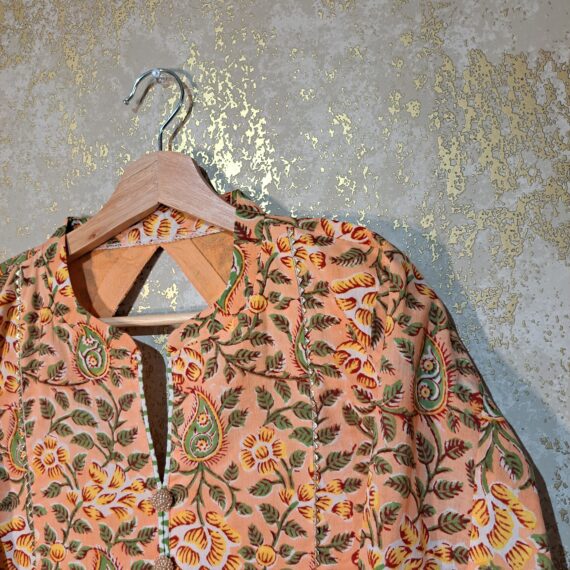 Designer Peach Floral Block Printed Pure Cotton Casual Punjabi Salwar Suit with Dupatta Dresses