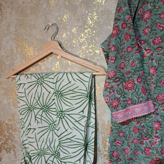 Designer Green Floral Block Printed Pure Cotton Casual Trouser Punjabi Suit with Dupatta Dresses