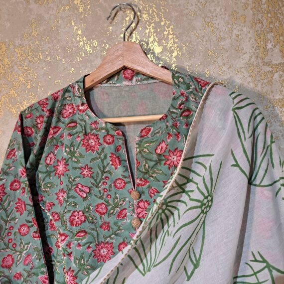 Designer Green Floral Block Printed Pure Cotton Casual Trouser Punjabi Suit with Dupatta Dresses