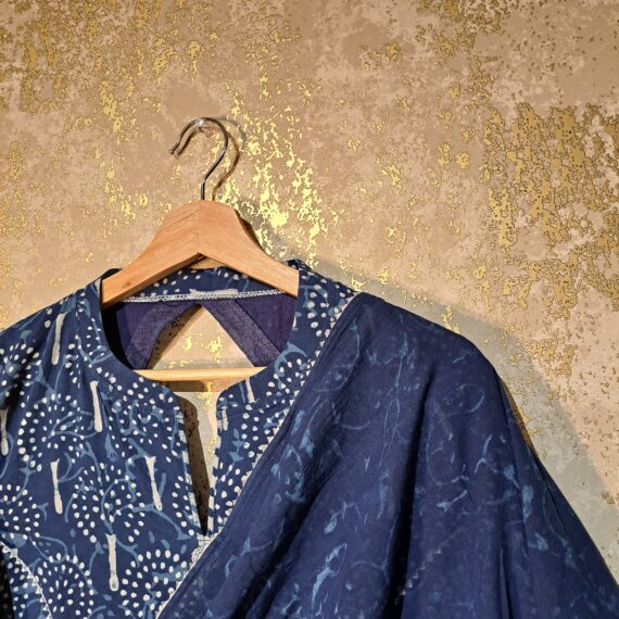 Designer Navy Blue Block Printed Pure Cotton Casual Salwar Suit with Dupatta Dresses
