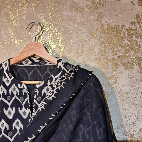 Black Designer Block Printed Pure Cotton Casual Trouser Suit with Dupatta Dresses