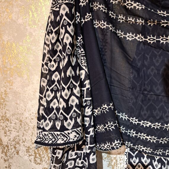 Black Designer Block Printed Pure Cotton Casual Trouser Suit with Dupatta Dresses