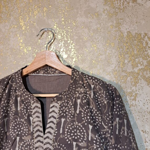 Designer Grey Block Printed Pure Cotton Casual Trouser Punjabi Suit with Dupatta Dresses
