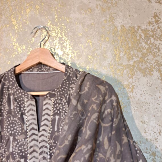 Designer Grey Block Printed Pure Cotton Casual Trouser Punjabi Suit with Dupatta Dresses