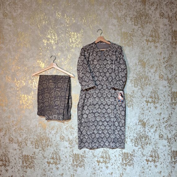 Designer Grey Block Printed Pure Cotton Casual Trouser Punjabi Suit with Dupatta Dresses