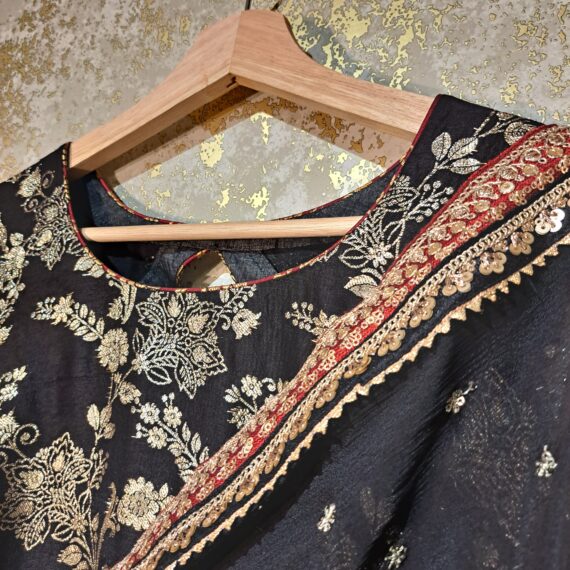 Designer Black Silk Trouser Suit with Dupatta Party-wear Dresses Ladies Girls Ethnic Wear Indian Handmade Boutique