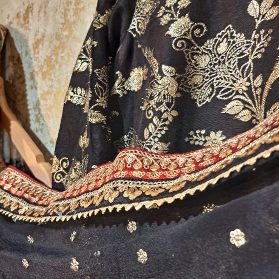 Designer Black Silk Trouser Suit with Dupatta Party-wear Dresses Ladies Girls Ethnic Wear Indian Handmade Boutique