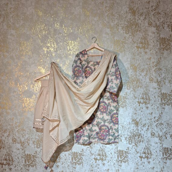 Beige Printed Silk Casual Sharara Suit with Dupatta Dresses