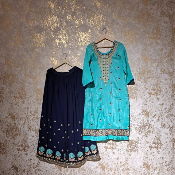 Designer Firozi & Navy Blue Party Wear Palazzo Suit With Dupatta Dresses Ladies Girls Ethnic Wear Indian Handmade Boutique