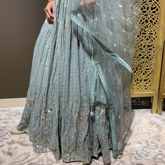 Dusty Mint Lehenga Set with Sequin Work and Mirror Handwork Blouse
