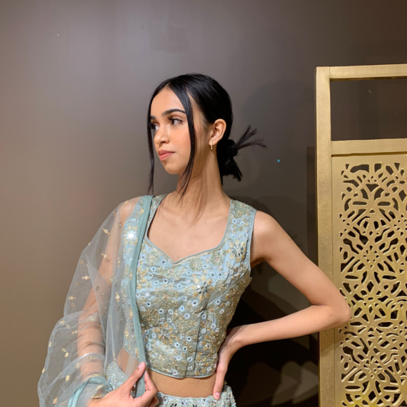 Dusty Mint Lehenga Set with Sequin Work and Mirror Handwork Blouse