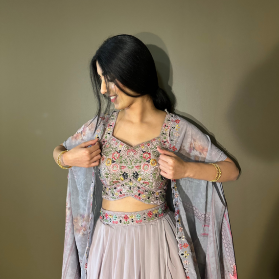 Cape Indo-western Fusion Dhoti-style Outfit - Lavender mirror handwork on blouse