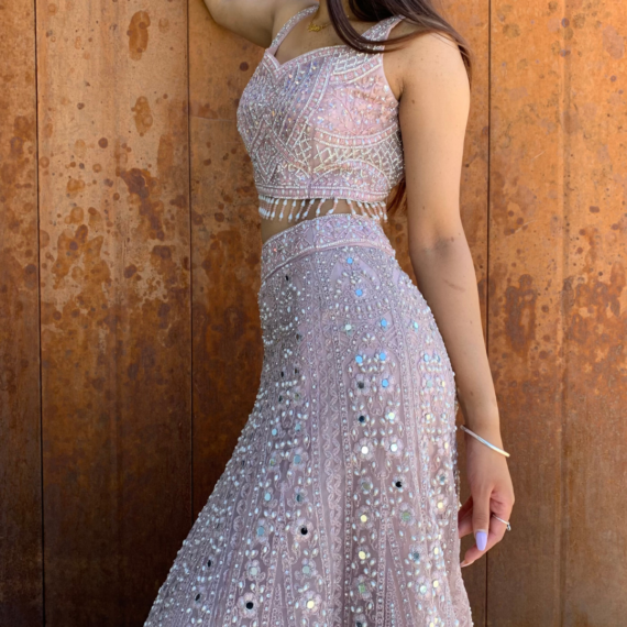 Pearl & Mirror work heavy handwork formal lehenga set in kali-design with intricate work and tassel finishes