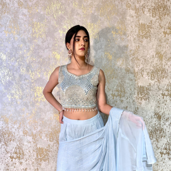 Indo-western Fusion Pant-style Outfit with Pre-stitched Drape - Sky Blue (heavy mirror handwork on blouse)