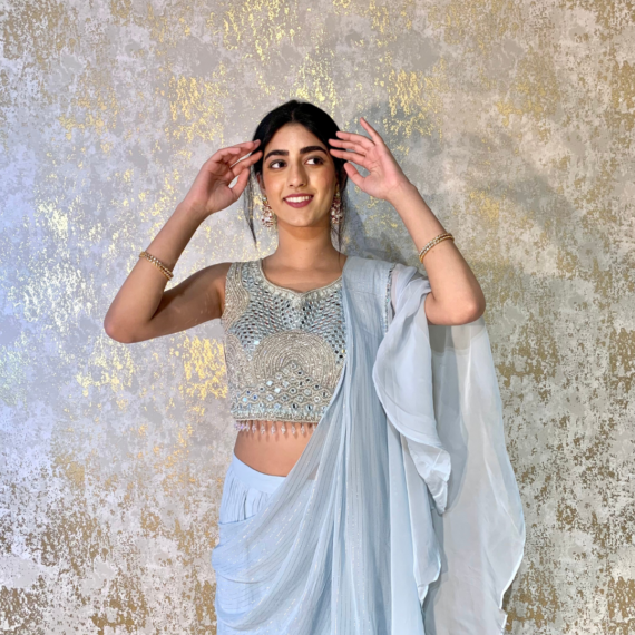 Indo-western Fusion Pant-style Outfit with Pre-stitched Drape - Sky Blue (heavy mirror handwork on blouse)