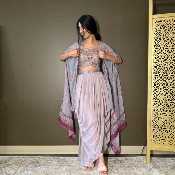Cape Indo-western Fusion Dhoti-style Outfit - Lavender mirror handwork on blouse
