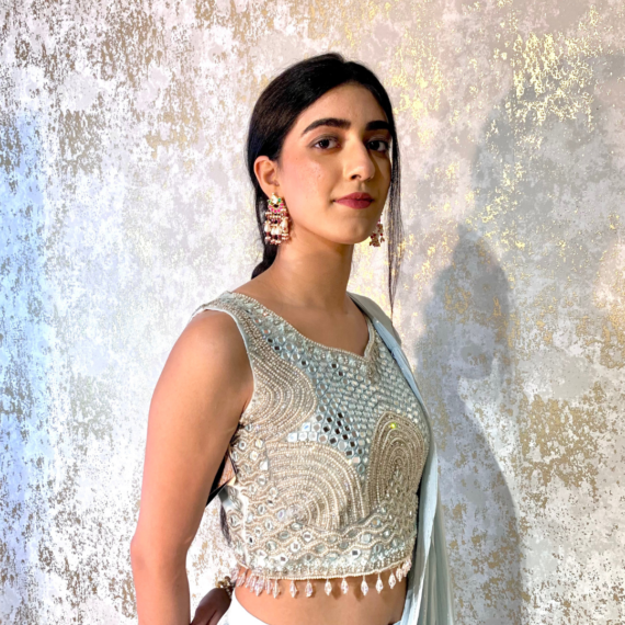 Indo-western Fusion Pant-style Outfit with Pre-stitched Drape - Sky Blue (heavy mirror handwork on blouse)