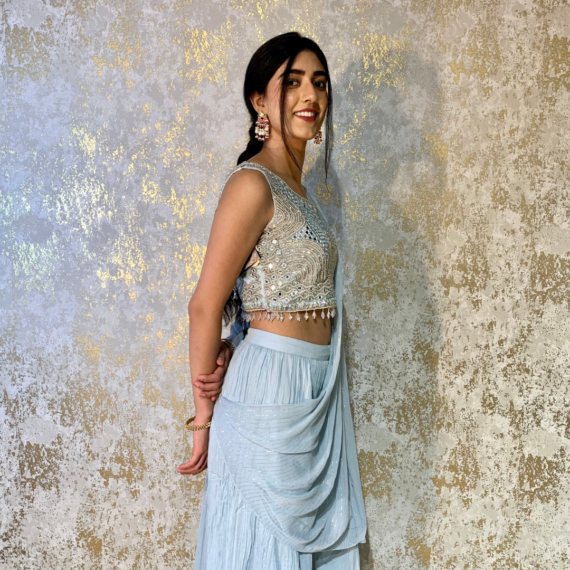 Indo-western Fusion Pant-style Outfit with Pre-stitched Drape - Sky Blue (heavy mirror handwork on blouse)