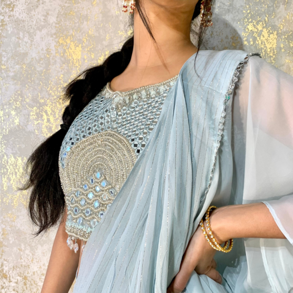 Indo-western Fusion Pant-style Outfit with Pre-stitched Drape - Sky Blue (heavy mirror handwork on blouse)