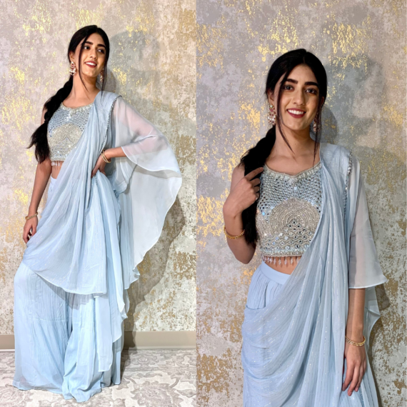 Indo-western Fusion Pant-style Outfit with Pre-stitched Drape - Sky Blue (heavy mirror handwork on blouse)