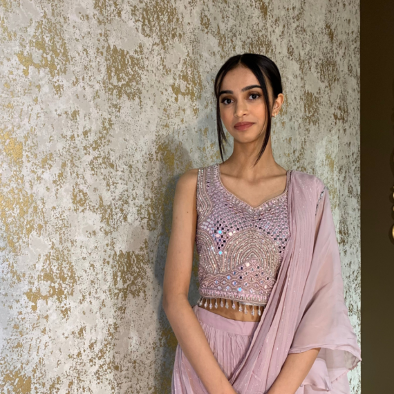 Indo-western Fusion Pant-style Outfit with Pre-stitched Drape - Dusty Pink (heavy mirror handwork on blouse)