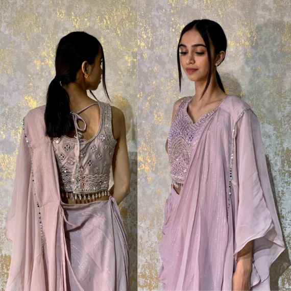 Indo-western Fusion Pant-style Outfit with Pre-stitched Drape - Dusty Pink (heavy mirror handwork on blouse)