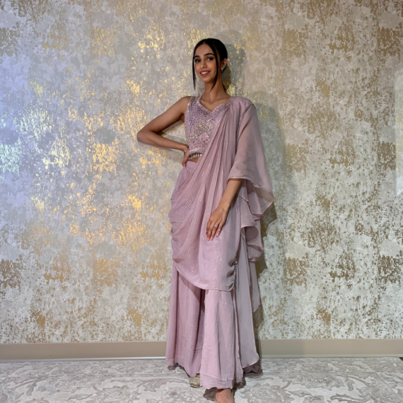 Indo-western Fusion Pant-style Outfit with Pre-stitched Drape - Dusty Pink (heavy mirror handwork on blouse)