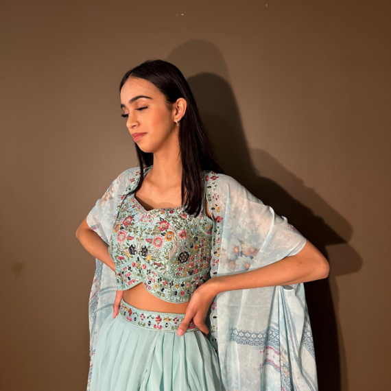 Cape Indo-western Fusion Dhoti-style Outfit - Sky Blue mirror handwork on blouse