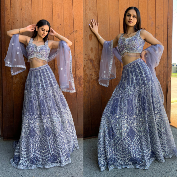 Mirror heavy handwork formal lehenga set in lilac-purple (kali-design) with intricate work and tassel finishes on choli