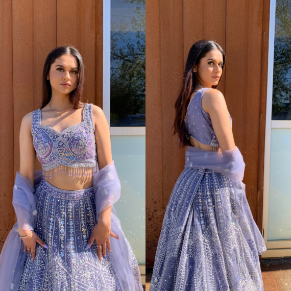 Mirror heavy handwork formal lehenga set in lilac-purple (kali-design) with intricate work and tassel finishes on choli
