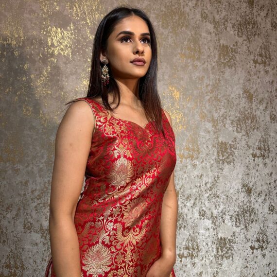 Good Red Brocade Short Shirt with Banarsi Sharara