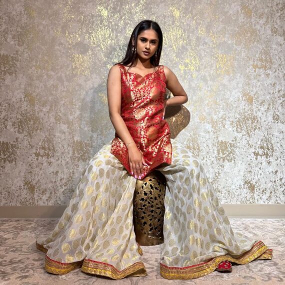Good Red Brocade Short Shirt with Banarsi Sharara