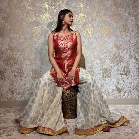 Good Red Brocade Short Shirt with Banarsi Sharara