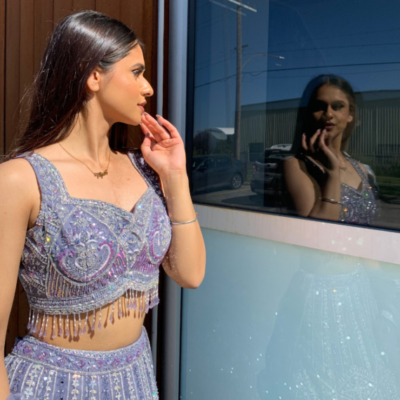 Mirror heavy handwork formal lehenga set in lilac-purple (kali-design) with intricate work and tassel finishes on choli