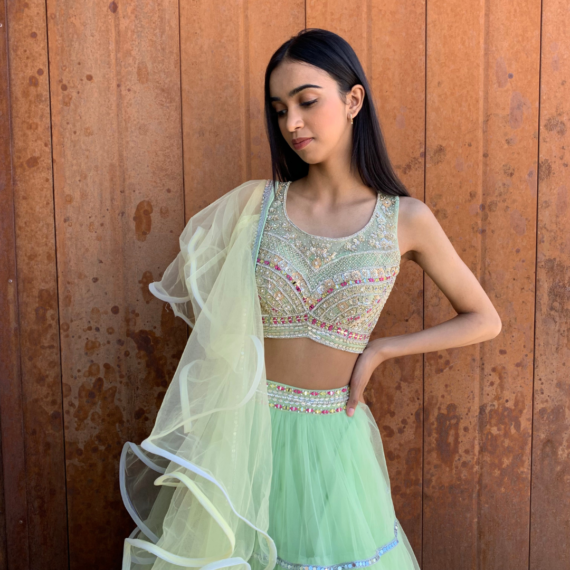 Green Ombre Net Poofy Princess Lehenga Set - heavy mirror handwork on blouse with sheer back