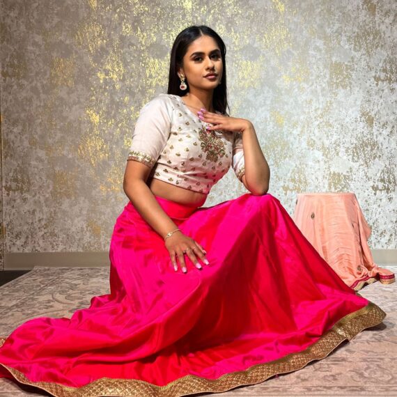 Ivory Silk Choli with Pink Silk Lehenga