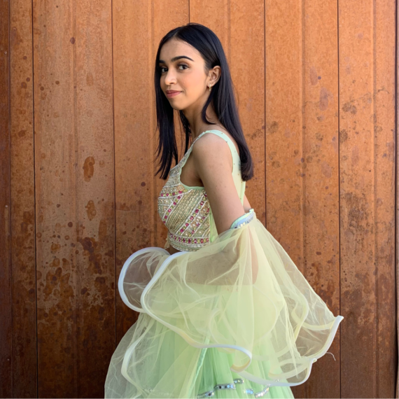Green Ombre Net Poofy Princess Lehenga Set - heavy mirror handwork on blouse with sheer back